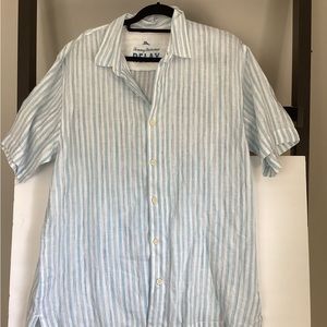 Tommy Bahama 100% linen white blue stripe button up shirt